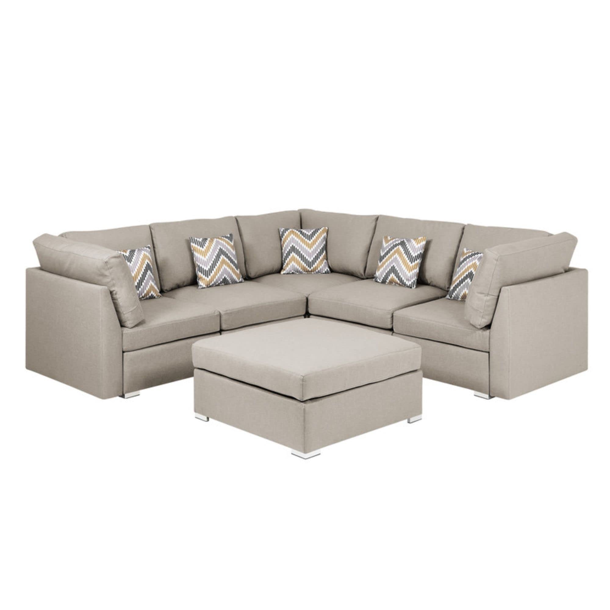 Lilola Home Amira Beige Fabric Reversible Sectional Sofa with Ottoman and Pillows